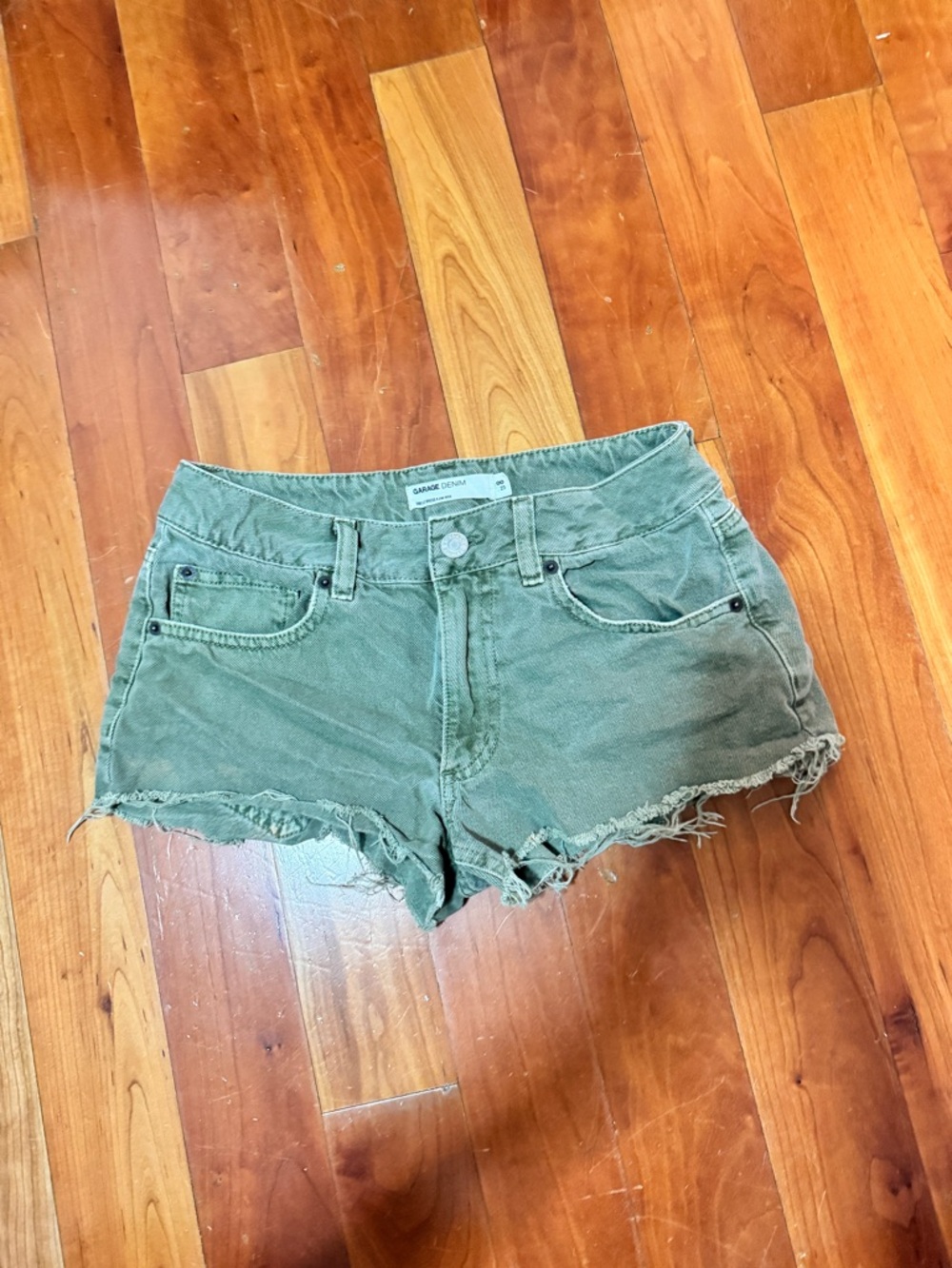 Garage Low-Rise Frayed Hem Mini Shorts in Olive Green